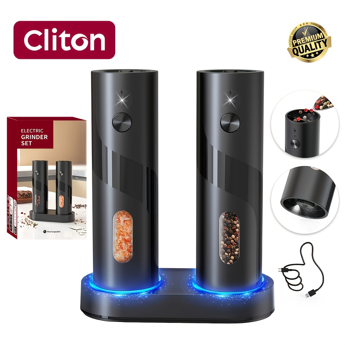 Image of Gift Festival Present, Rechargeable Electric Salt Pepper Grinder, Usb Charging With Led Light, Adjustable Fineness 110ml Large Capacity Portable Grinder For Patio Bbq Camping