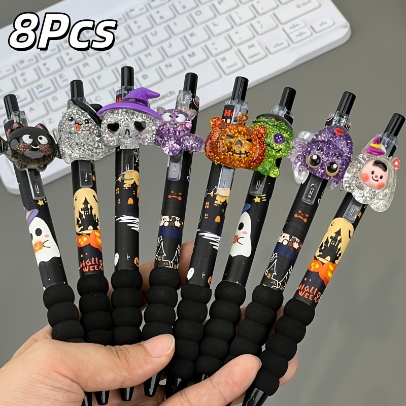 TEMU 8pcs Halloween Pens, Assorted Halloween Cartoon 3d Stickers, Black Sleeves, 0.5mm St Tip For Smooth Ink Flow, Suitable For Student Classroom