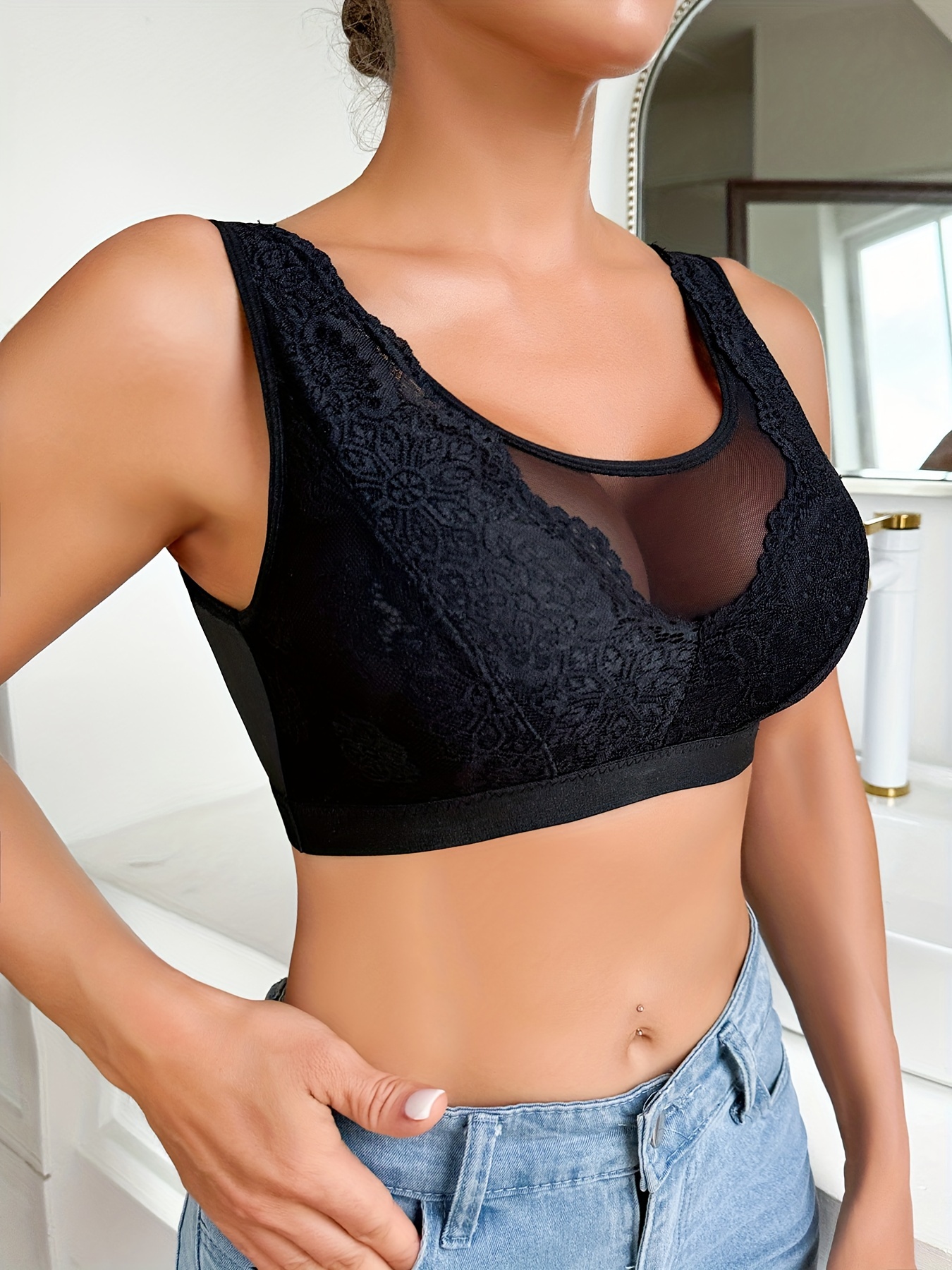 Women's Novelty Wireless Bra, Semi-Sheer Lace Detail, Polyester and Elastane, Hand Washable - Solid Color
