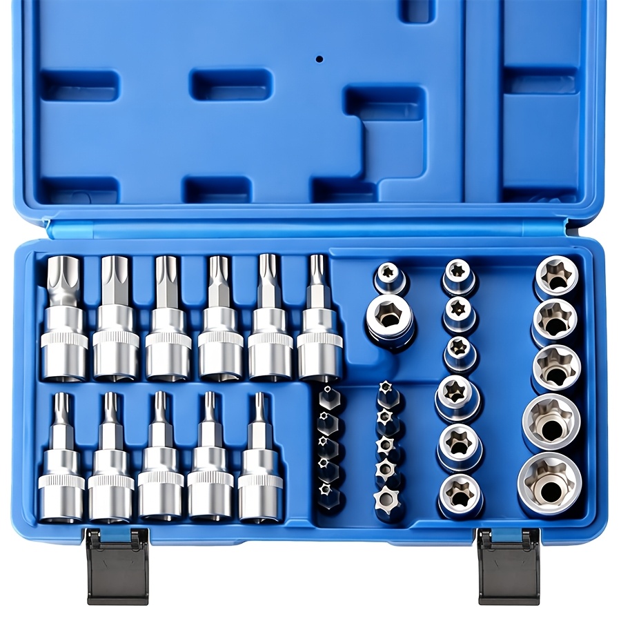 Image of 34pcs Torx And E-torx Socket Screwdriver Bits For 1/4 Inch, 3/8 Inch, And 1/2 Inch Drive Heads, Including Male And Female E-torx Safety Screwdriver Bits Designed For Handheld Use
