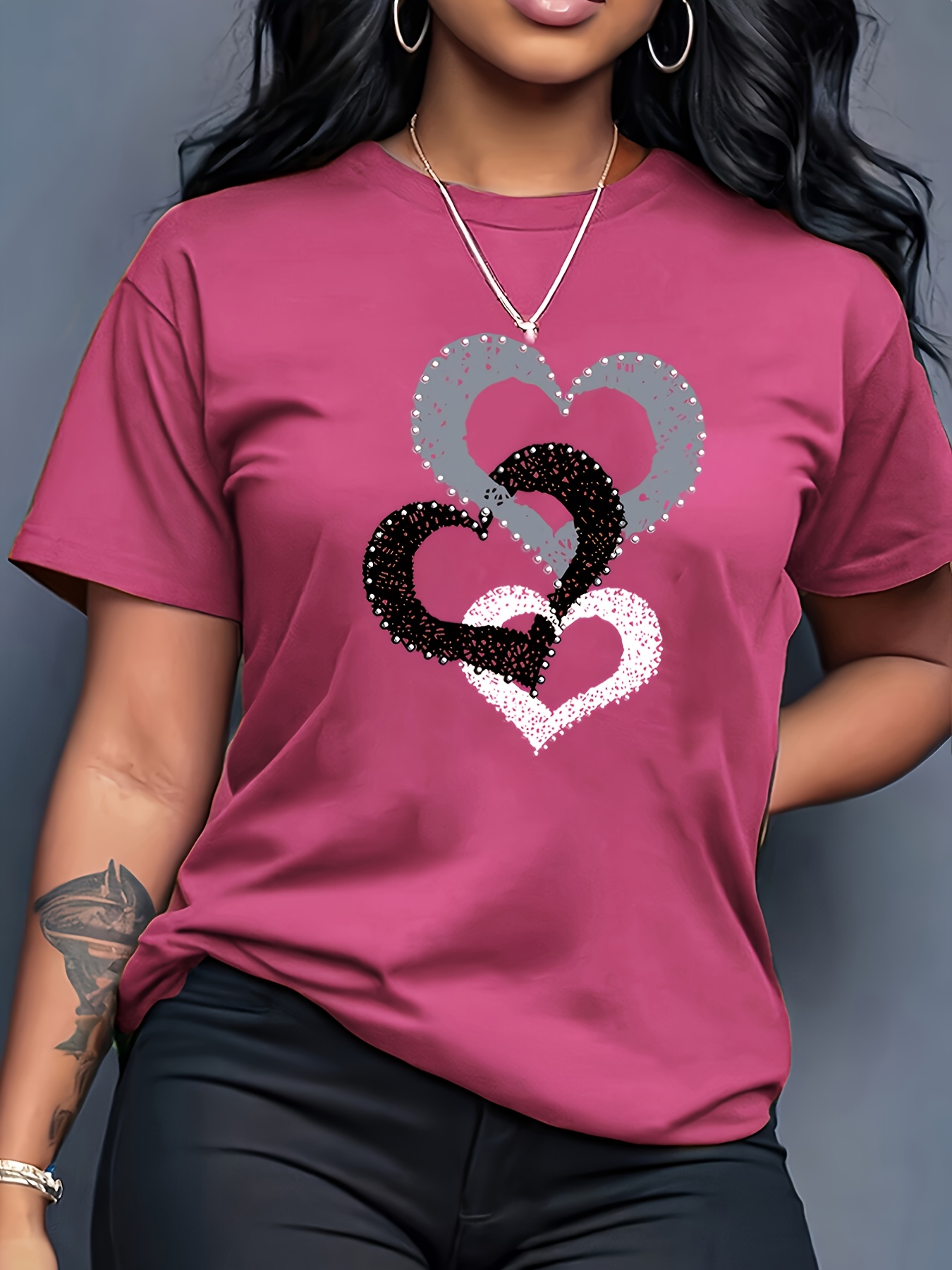 T-shirt Cœurs Femme Col Rond T-shirt pour femme à col rond et manches courtes, décontracté, sportif et tendance, avec imprimé graphique de lettres
