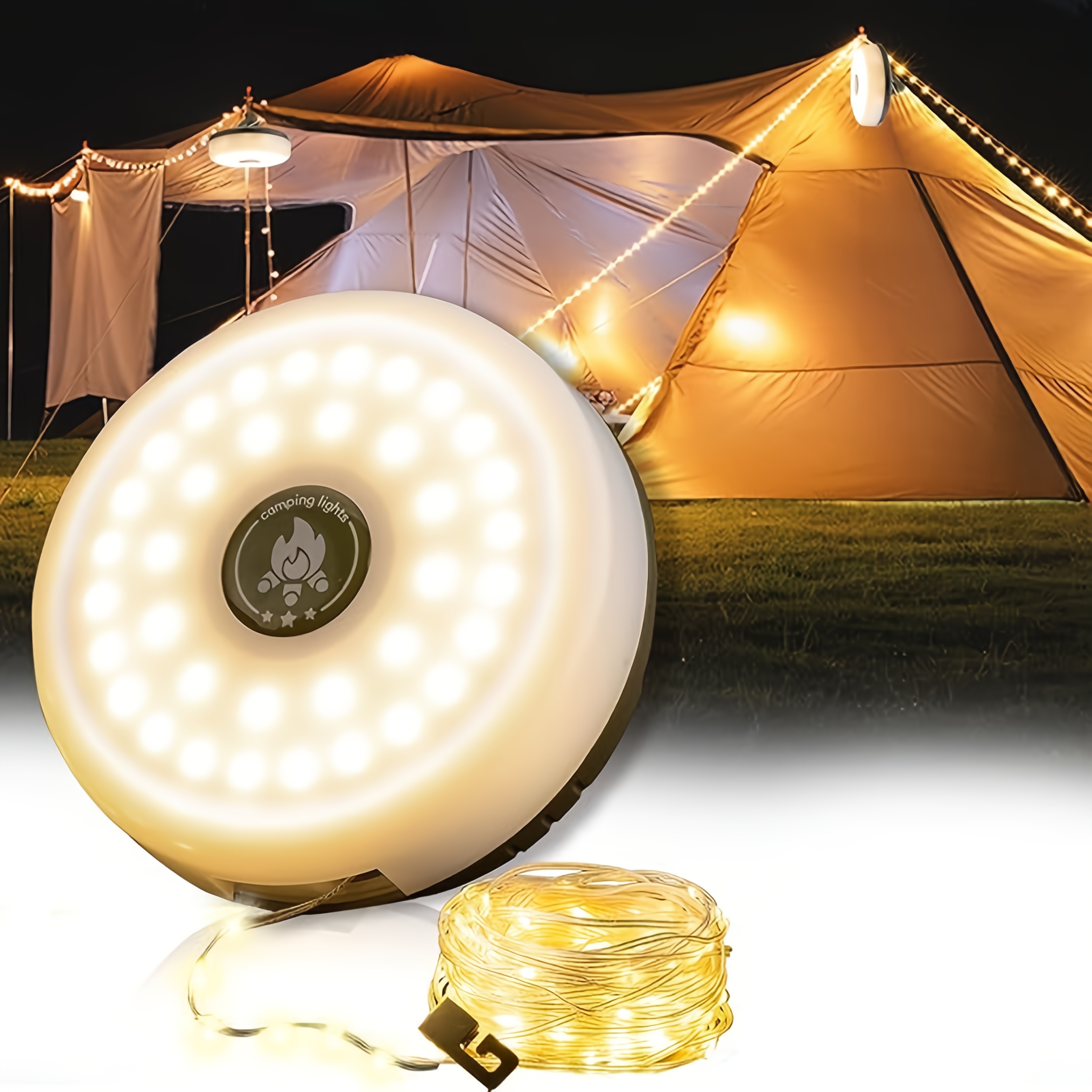 TEMU 32.8 Ft/ 26.24 Ft, Camping String Lights. Portable Rechargeable Camping Light With 8 Lighting , Usb Charging, Reset And Quick Storage. Ideal For