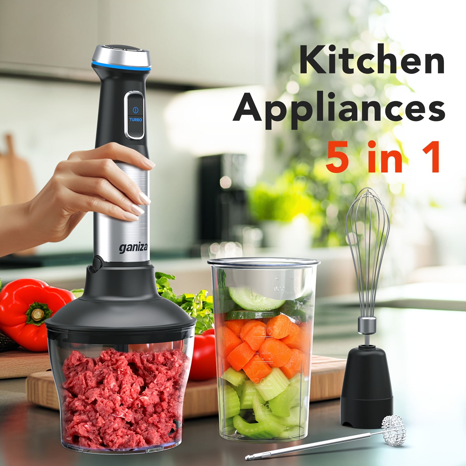 TEMU Blender 5in 1 Hand Blender Max 1000w Heavy Duty Motor, 16 Speed Mode Handheld Blender Stainless Steel Blade With 800ml Mixing Beaker, 600ml Chopper, Whisk And Milk Frother