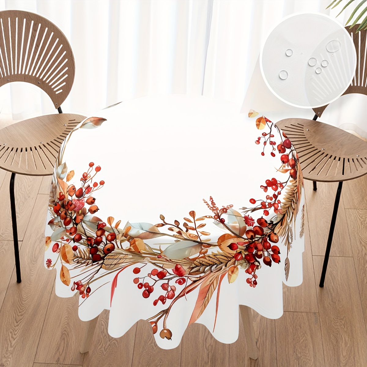 

Autumn Berry And Leaf Wreath Polyester Round Tablecloth - Stain Resistant, Waterproof Table Cover - Machine Woven, Pleated Edge For Party, Banquet, Kitchen, And Patio Decor - 1pc