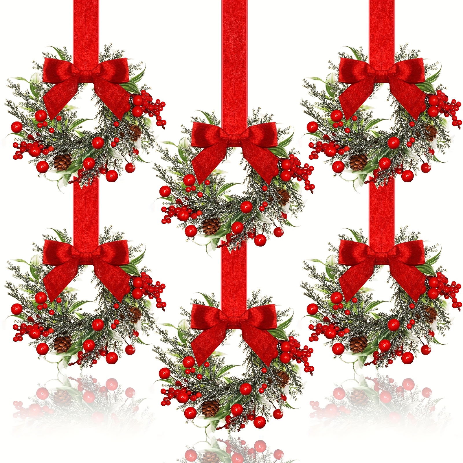TEMU 6pcs Mini Christmas Wreaths With Red Berries, Pine Cones & Ribbon Bows - Realistic Green Foliage /window/cabinet Decorations, Plastic/rattan