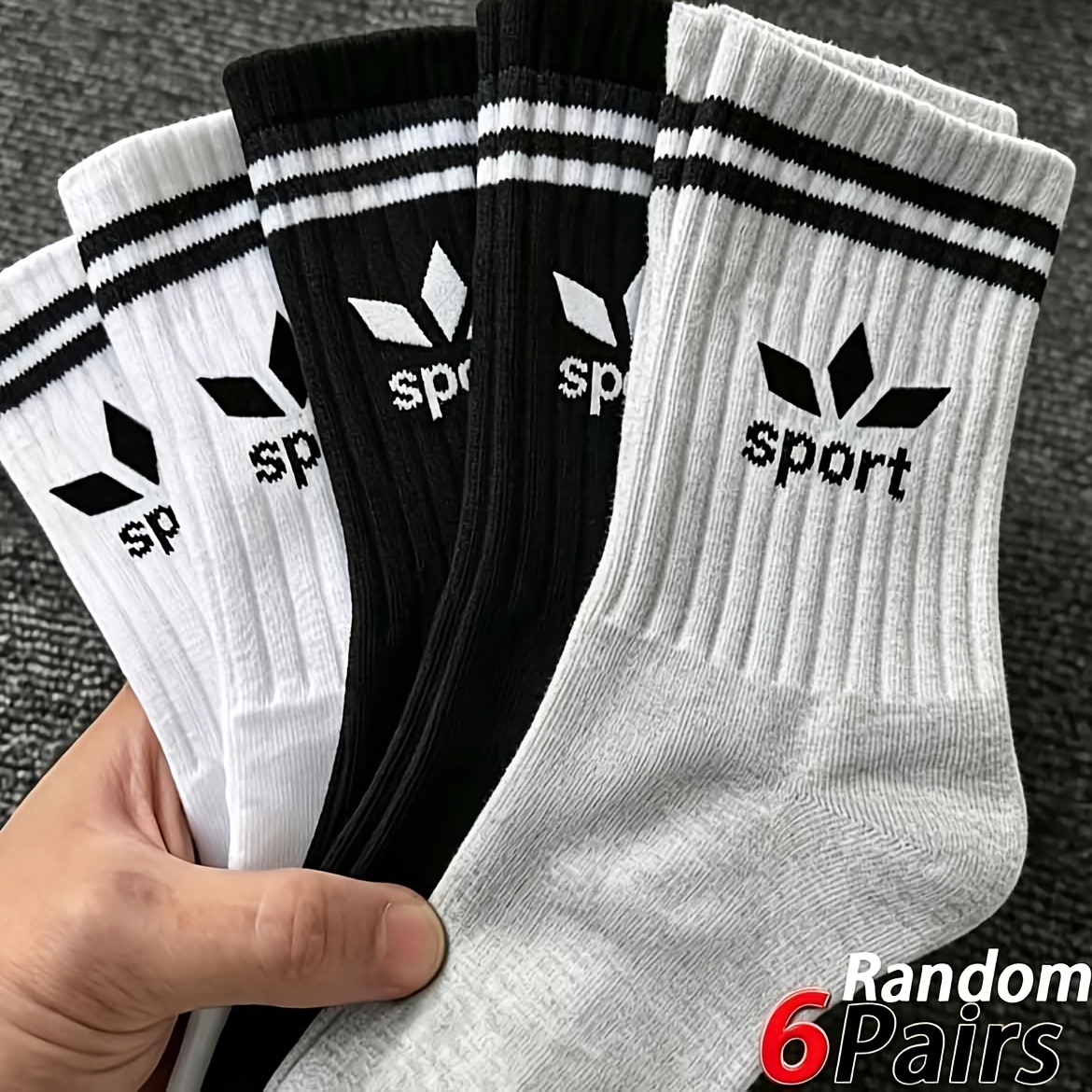 TEMU 6 Pairs Random Mid-calf Socks - Lettered Double-stripe Trendy Socks Unisex Black White Gray Breathable Comfortable Athletic Socks