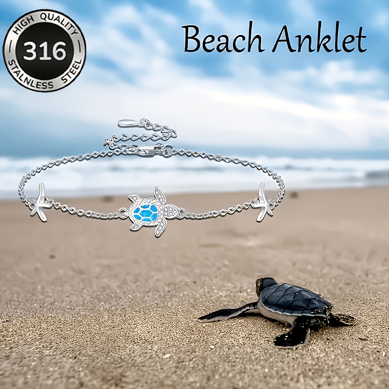 A Marine-style Turtle And Steel Women's Anklet, Inlaid With Artificial Diamonds And Artificial Agate, Suitable For Daily Wear And Gifting, Hypoallergenic
