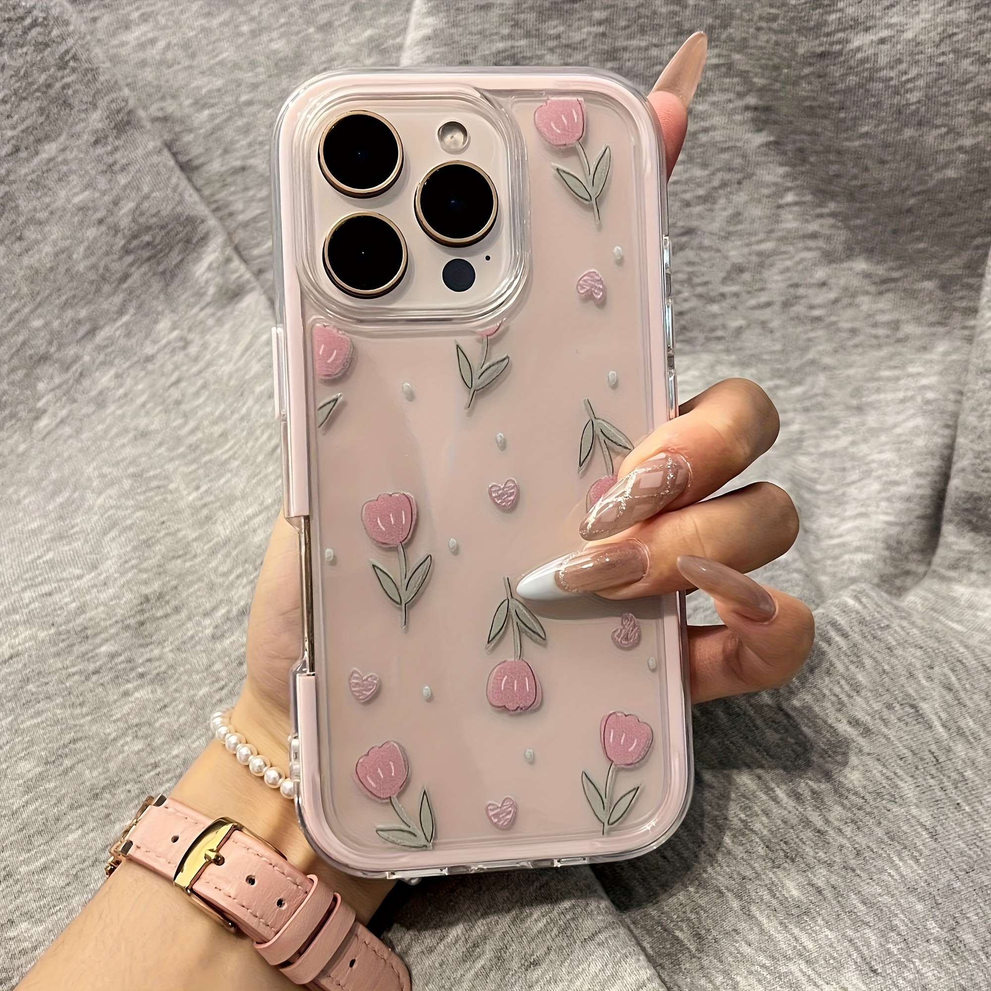 E-shop Pink Tulip Transparent Phone Case, Colorful 2-In-1 , Suitable for 16/16 Plus/16 Pro/16 Pro Max/ Plus/15 Pro/15 Pro Max/14/14 Plus/14 Pro/14 Pro