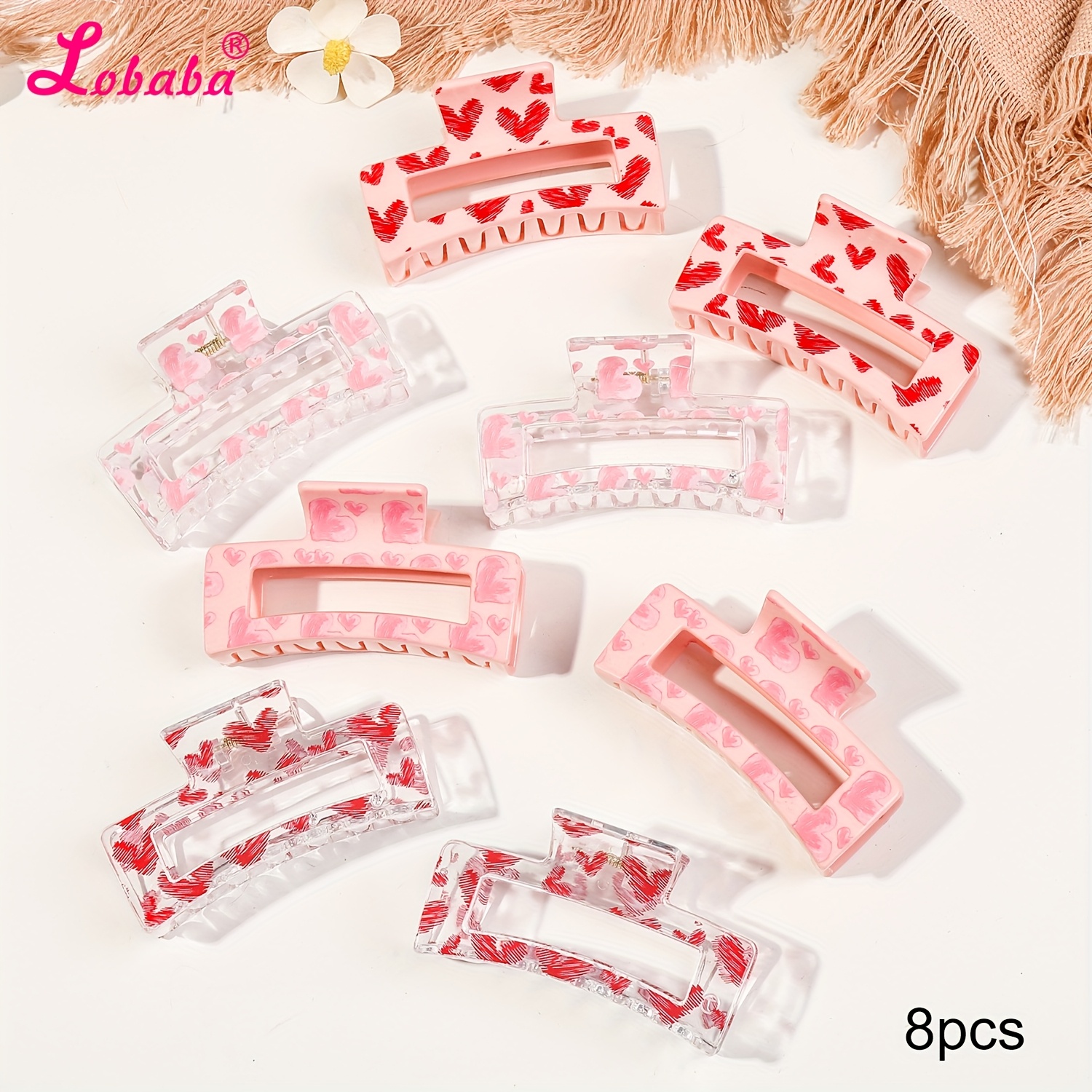 

8pcs Lobaba Set Printed Valentine's Day Autumn And Winter New Shark Clip Hair Claw Clip Hair Accessories