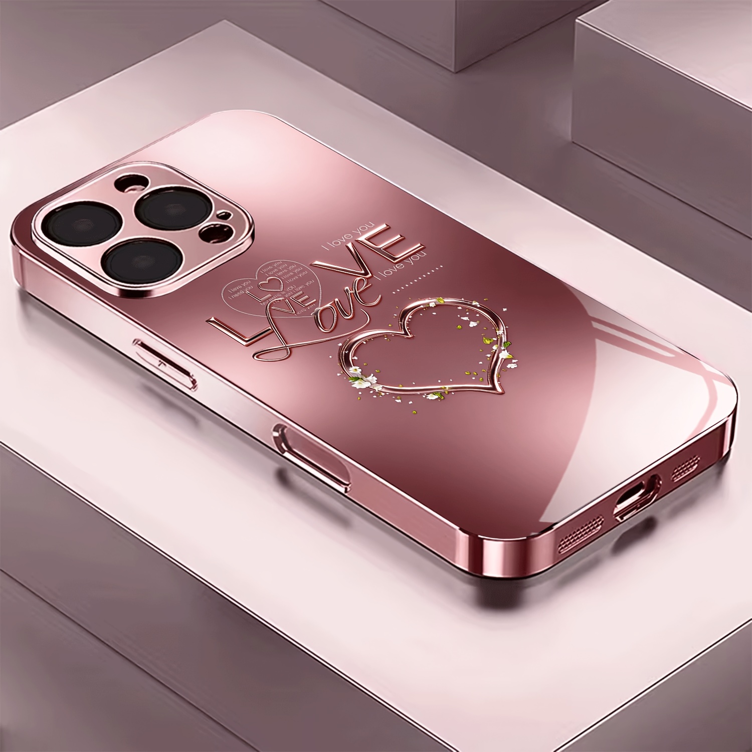 TEMU Phone Case - Light Love Heart Pattern Electroplated Pink Tempered Glass Phone Case Suitable For Iphone