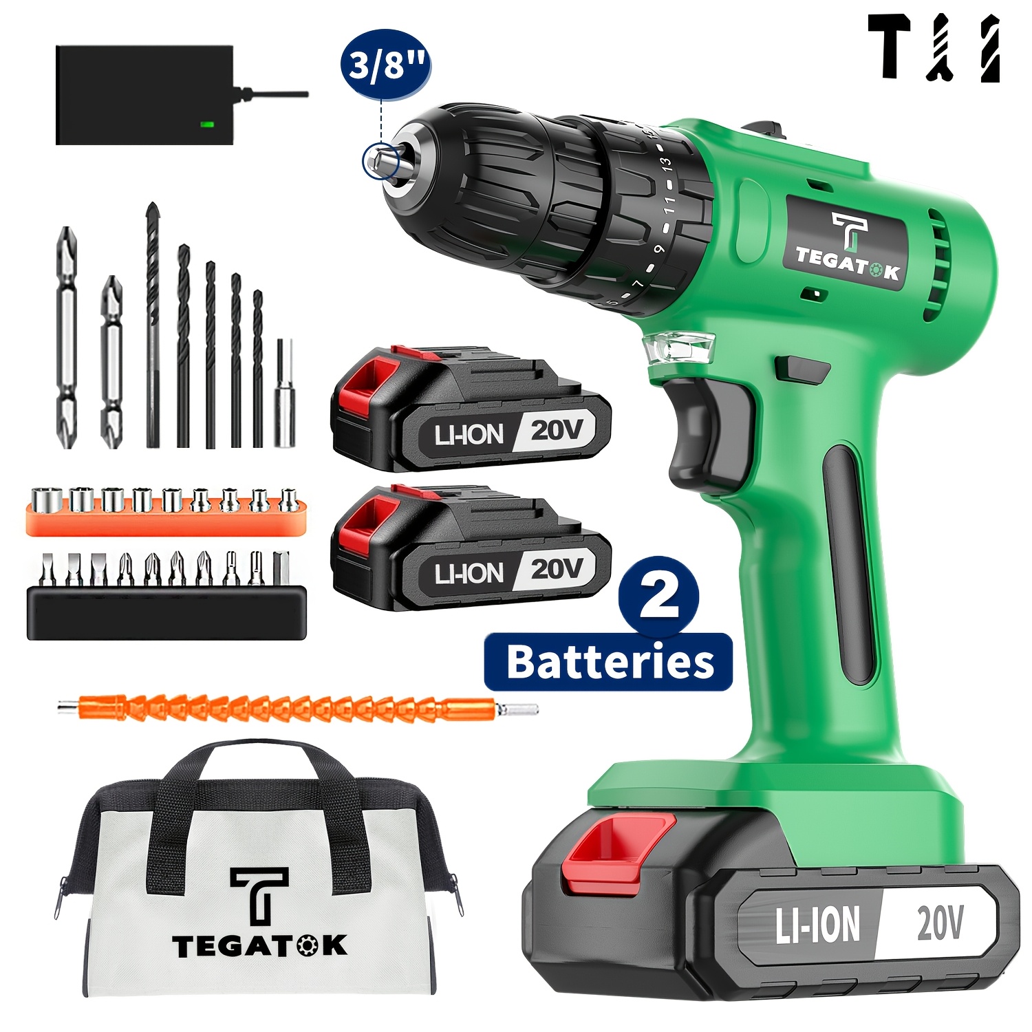 

Tegatok Cordless Drill, Power Drill Set, 20v Impact Drill With 2.0ah Battery And Charger, Electric Drill With 3/8" And 18+3 Torque Setting, 25 Accessories For Drilling And Screwdriving, Repair Tool