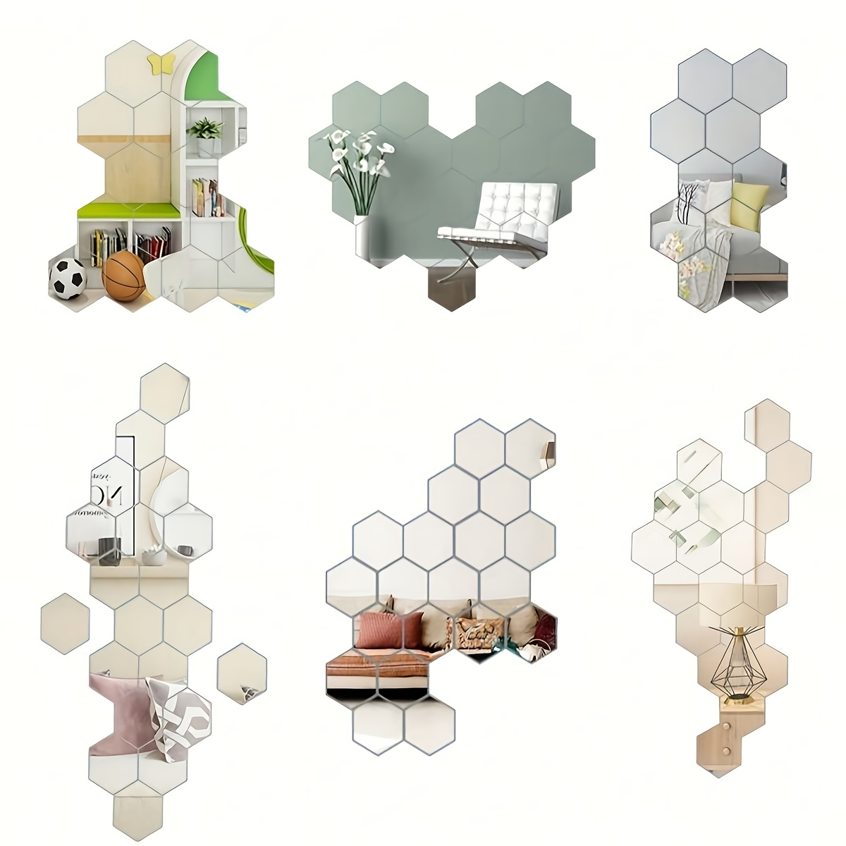 48 piezas, Adhesivos de pared hexagonales de espejo acrílico - Autoadhesivos, Espejos decorativos 3D, Dorados y…