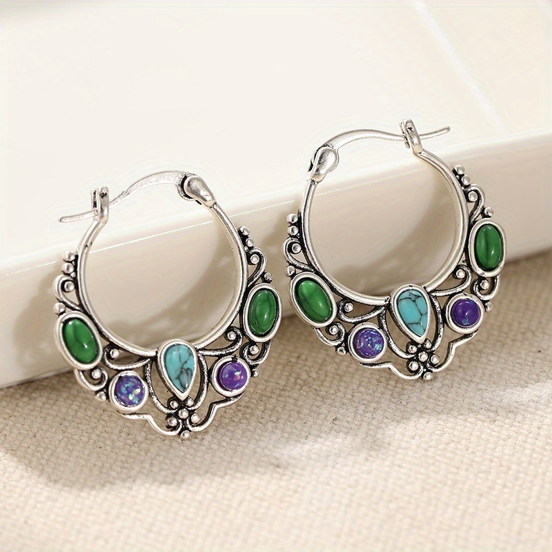 Women's Silvery Color Synthetic Turquoise Stud Hoop Earrings