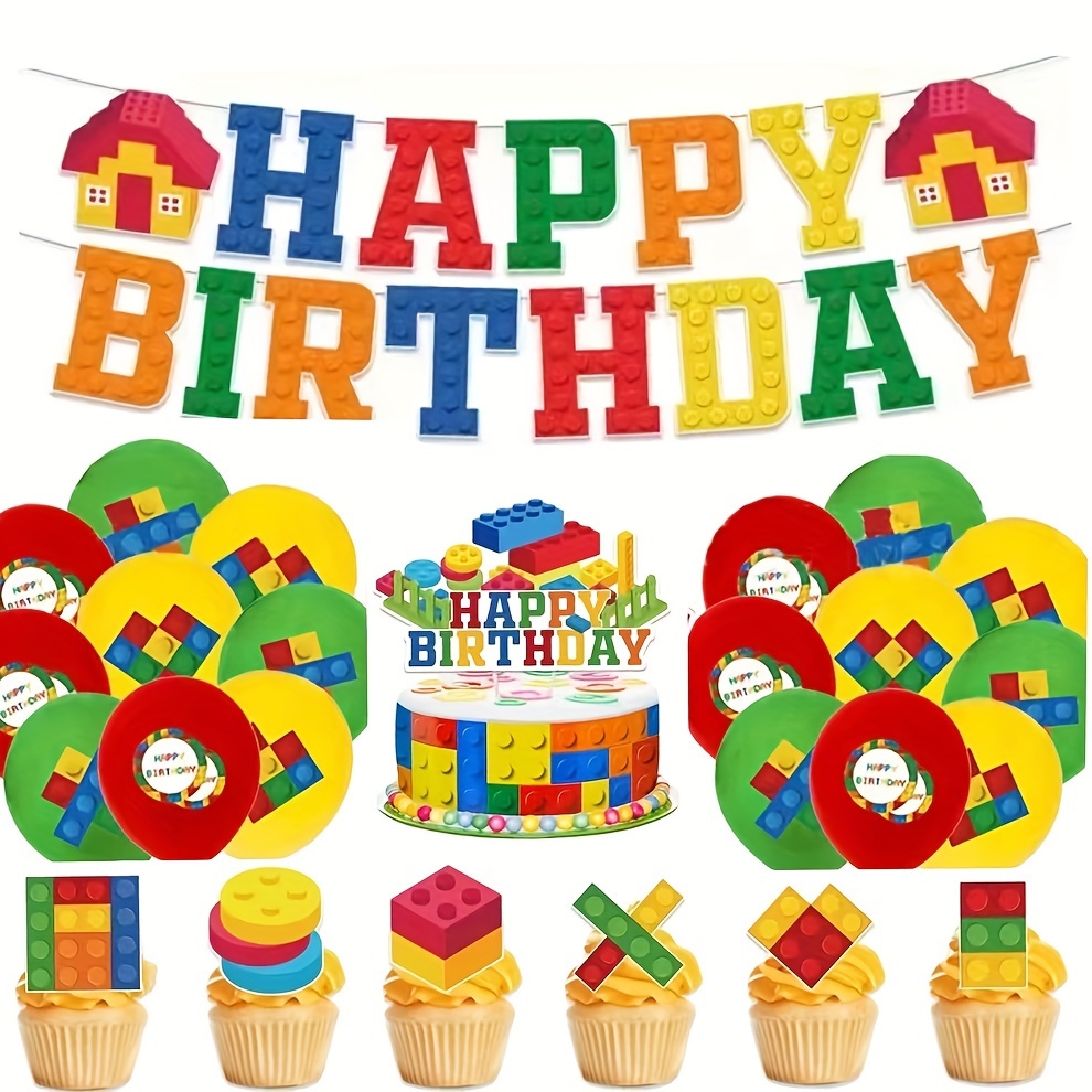 

Colorful Building Blocks Birthday Party Decoration Set With Banners, Balloons, And Cupcake Toppers, Paper Construction Theme Supplies For Auto, Room, Garden, No Electricity Needed