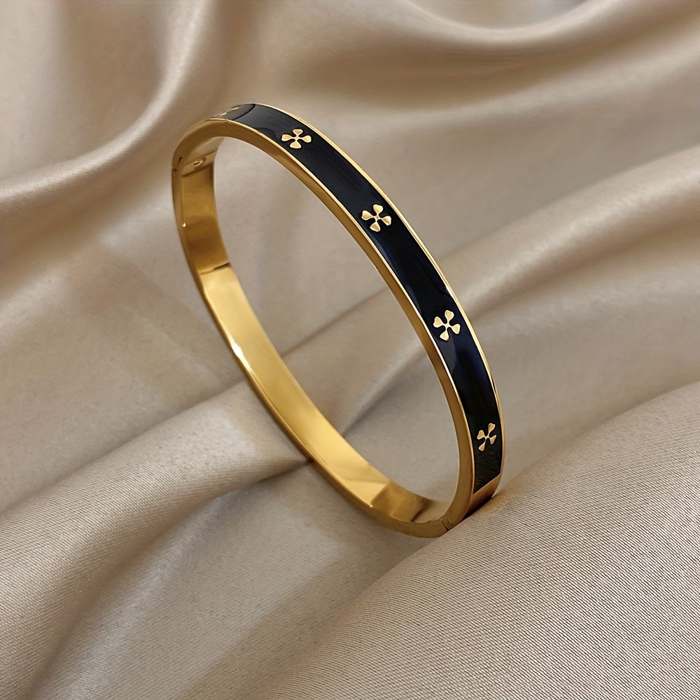 TEMU Bracelet bangle 1 pièce en acier inoxydable 304 métallique émaillé à motif floral rétro français avec bordure dorée contrastée noire et blanche,