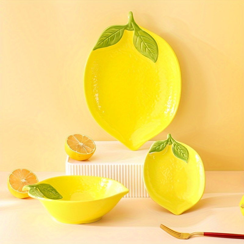 

3-piece Lemon-shaped Serving Dish Set, Creative Ceramic Tableware Collection, Cartoon Lemon Design Plates And Bowls For Fruits, Salads, Desserts - Cute Kitchenware Combo