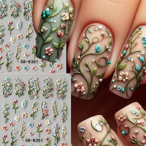 1pc 5d embossed green nail art stickers self plastic nail decals with 3d vibrant colors embroidery detailing for summer nail art pedicure manicure single use nail accessories intricate detailing embellishments diy manicurists
