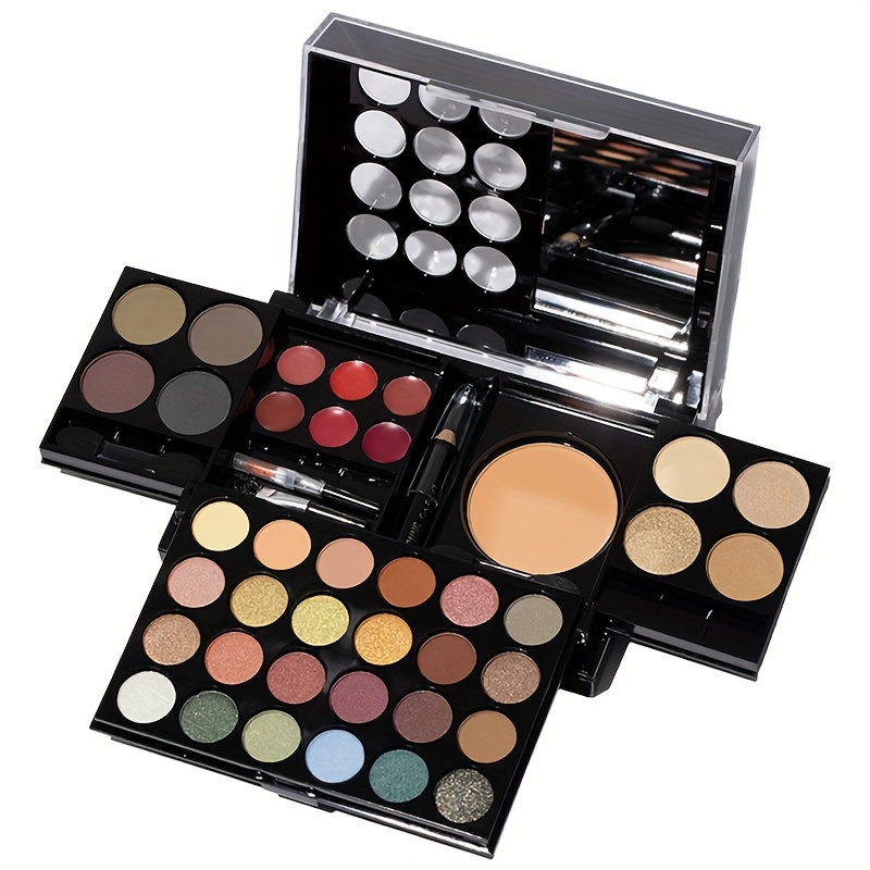 42pcs All-in-One Christmas Makeup Kit - Full-Size Travel Set with Matte Lipstick, Eyeshadow Palette, Blush, Highlighter, Brushes & Applicators - Foldable Multi-Color Palette for Beginners, Family Sharing & Holiday Parties (Burgundy/Coral)