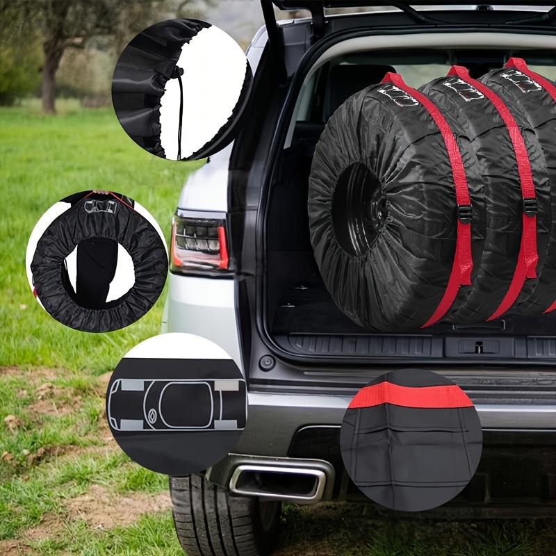   season tire covers with red woven handles and drawstring design suitable for cars rvs campers winter tire protection   portable wheel covers
