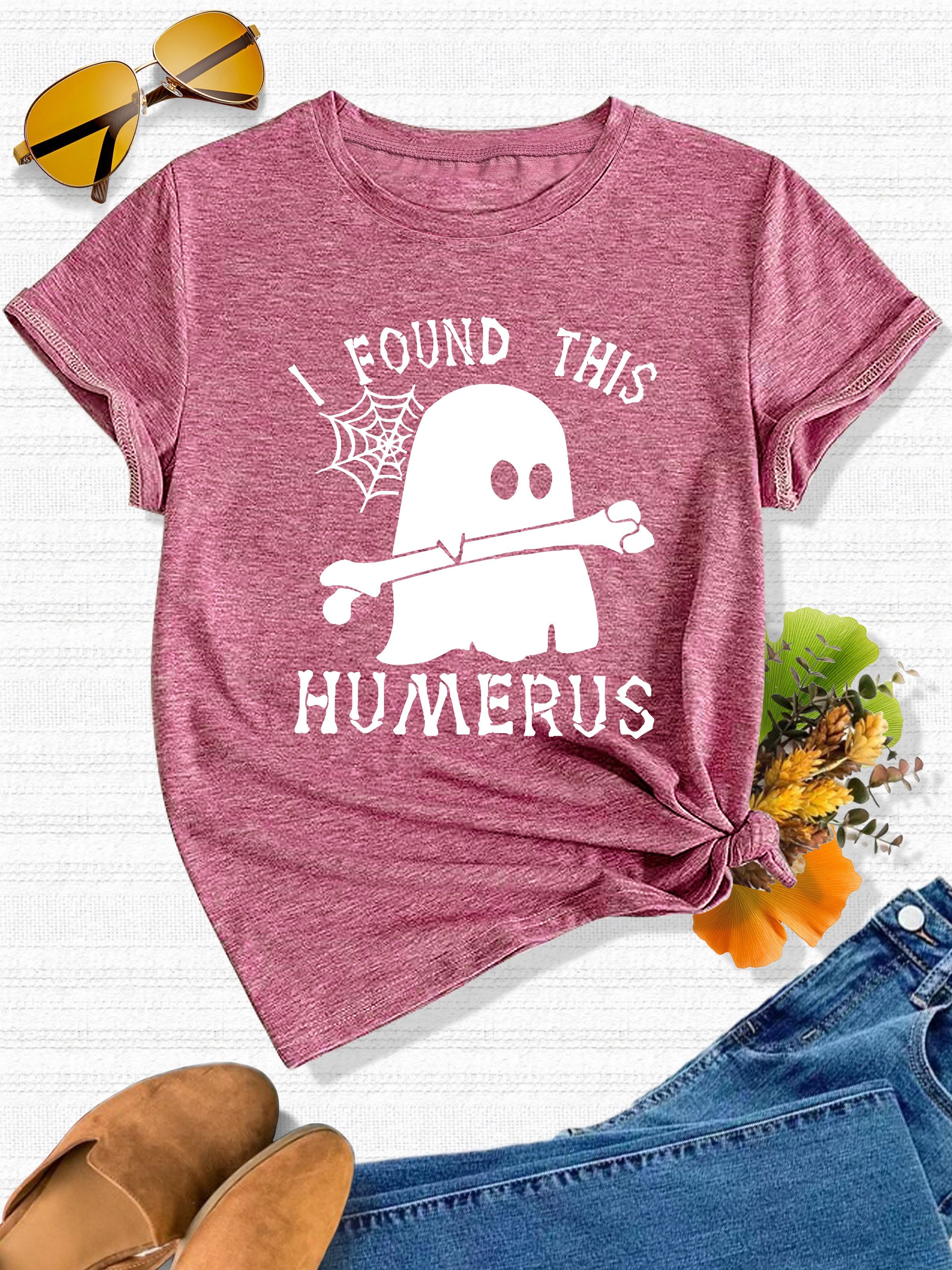 womens funny   t shirt   this humerus slogan   wrapped skeleton   casual round neck short sleeve tee for halloween themed parties casual attire machine washable     Product details 0