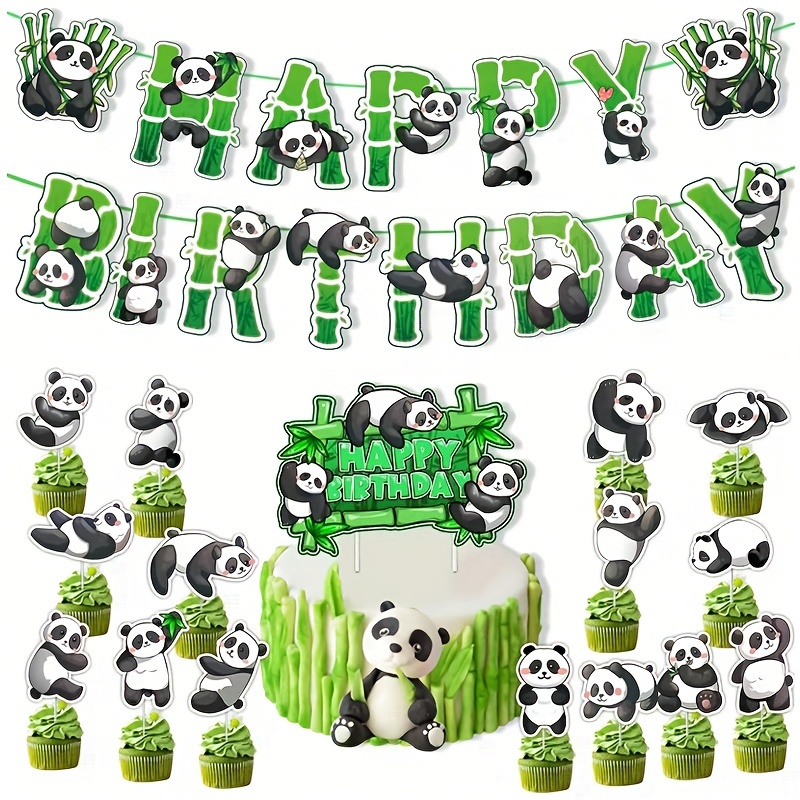 

47pcs Panda Pull Flag Cake Insert Cards Balloon Birthday Theme Set Pull Flag 13pcs (4.56in*7.09in) Cake Insert Cards 16pcs Balloons 18pcs (12in) Birthday Party Scene Decoration Supplies