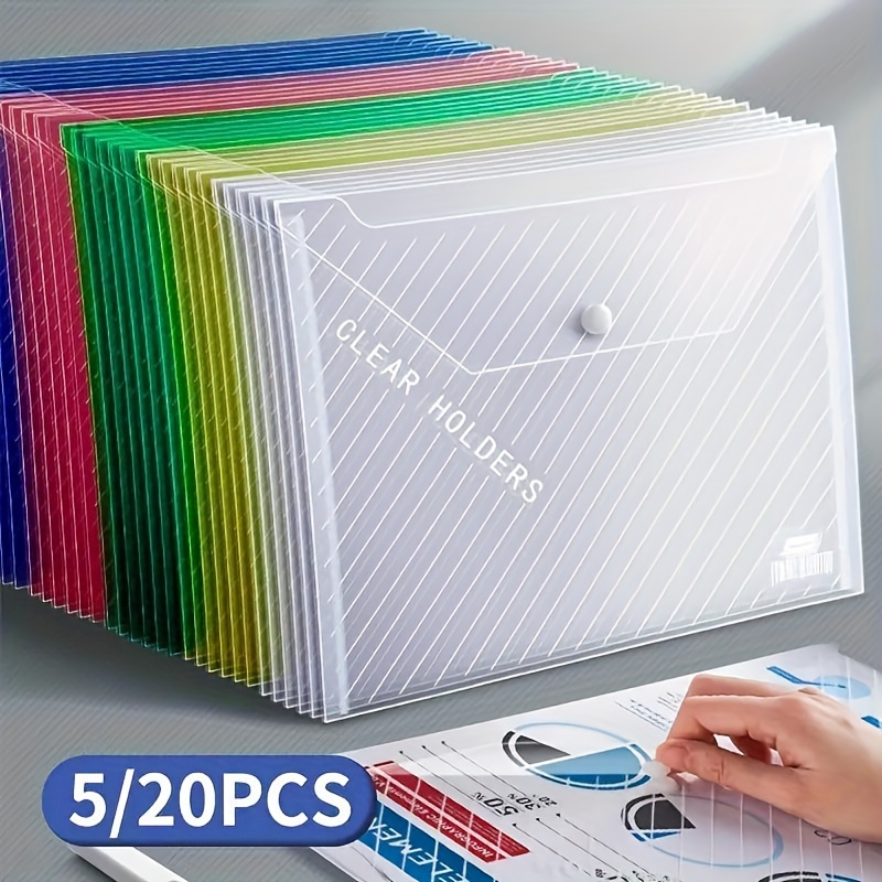 

5/20 Pack Multicolor A4 Clear Polypropylene Document Folders - Durable Pp Plastic Envelopes With Snap Button For School And Office Supplies Organization