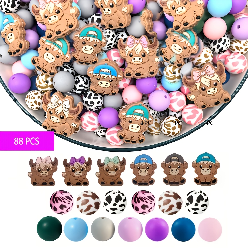 

88pcs Silicone Beads Assortment, Cute Animal Cow Design, 15mm Round Beads, With Colorful Patterns, For Making, Bracelets, Necklaces, Beaded Pens, Keychains & Crafts