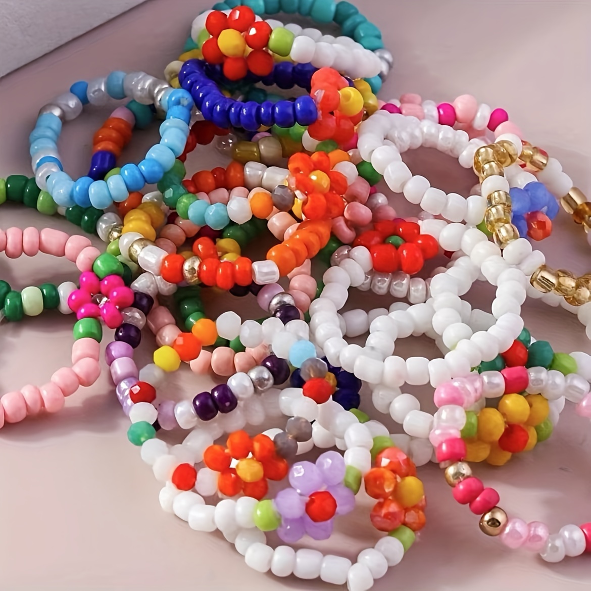 Bohemian Beaded Rings & Floral Bracelets Set