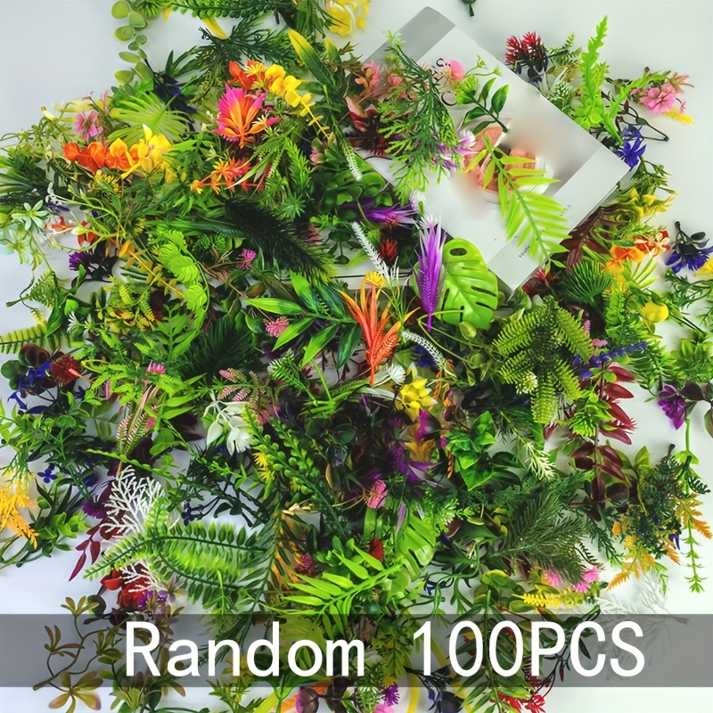 50pcs/100pcs Assorted Artificial With Mixed Leaves For Garden Decoration, Diy Plant Wall Material, Wedding Bouquets, Aquarium Decorative Grass, Landscape Decoration | Leaf Decor | Plastic Grass