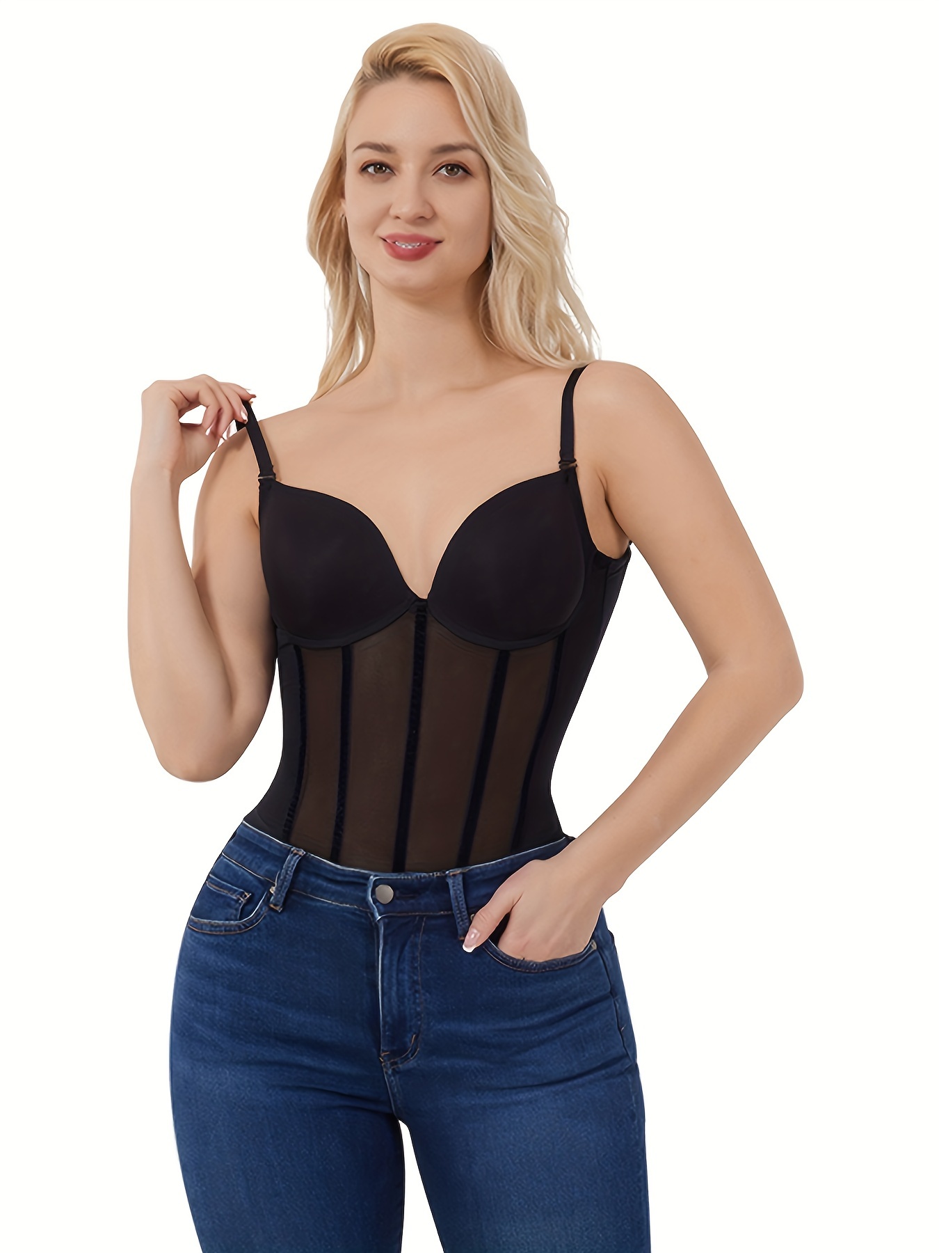 Mesh Waist Trainer Bodysuit See Shapewear Open Bust Slimming - Temu