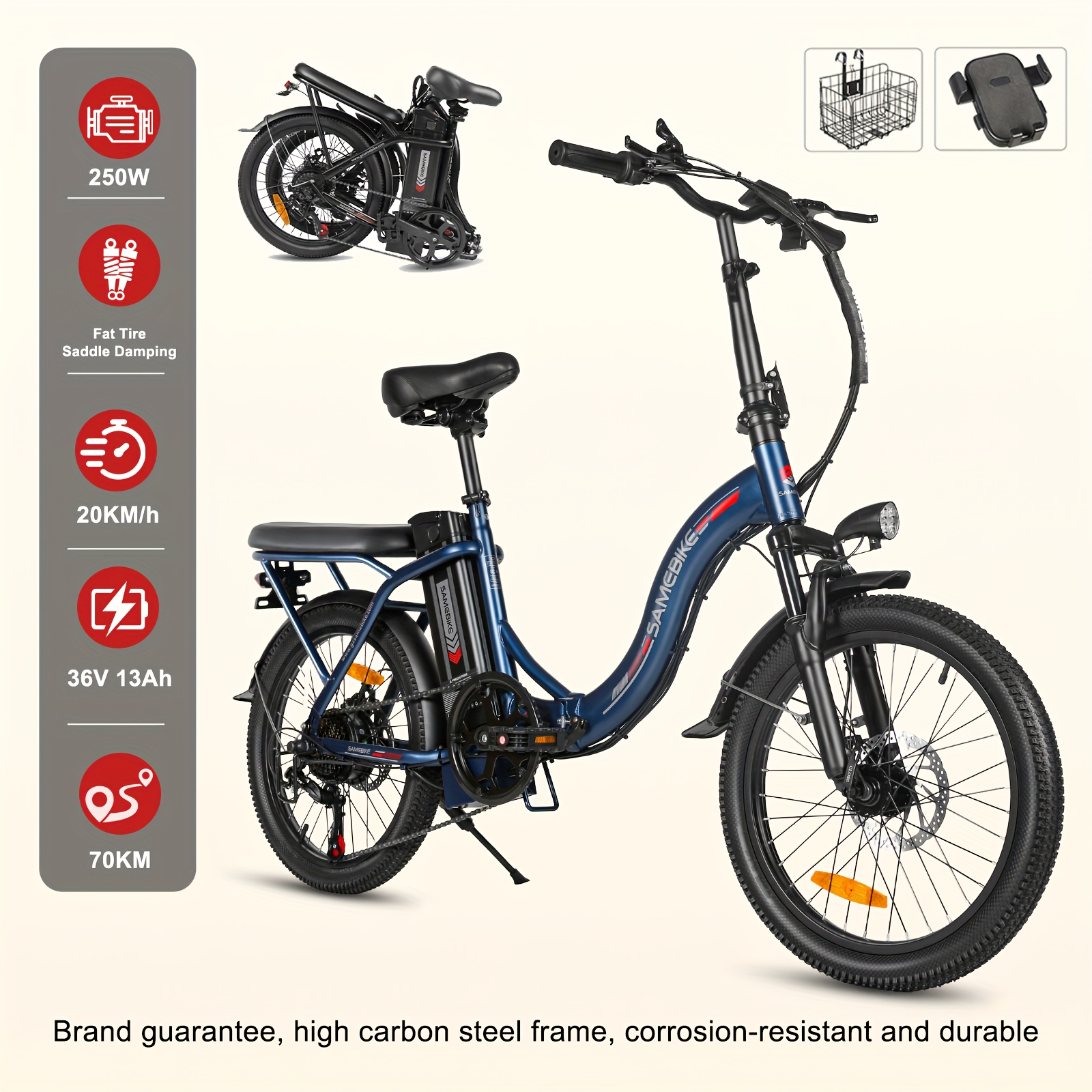 Image of Samebike Cy20 20" Foldable Step-through Commuter Electric Bike For Adults, Lightweight Portable With 36v 13ah Removable Battery