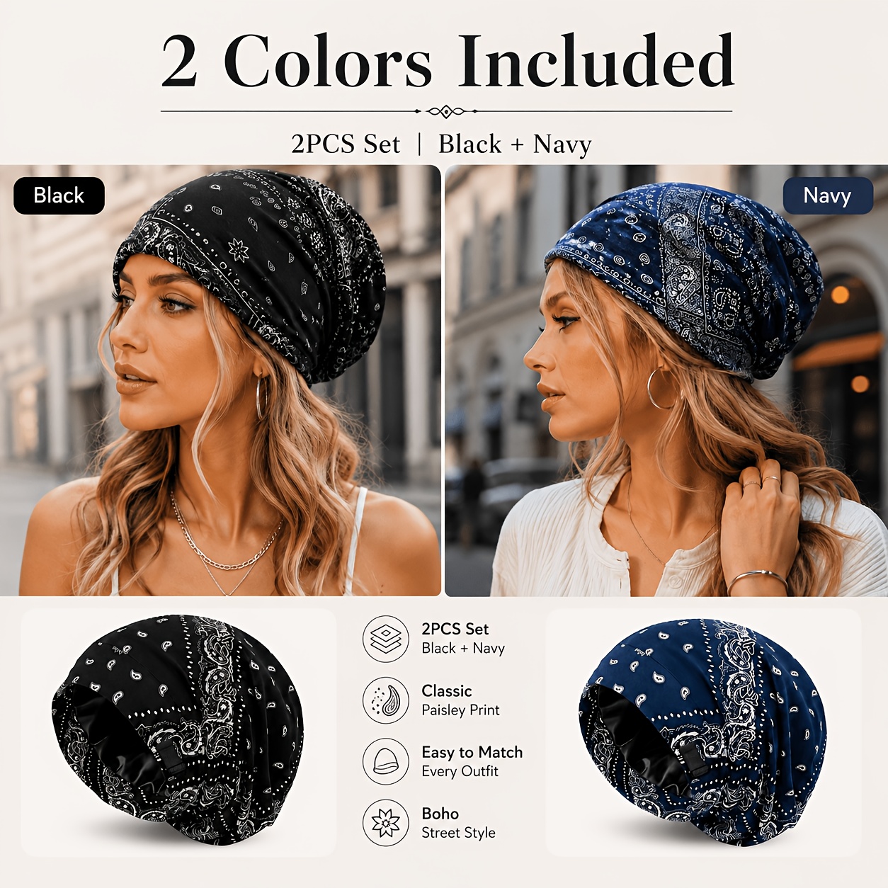TEMU 2pcs Women's Loose Slouchy Beanies, Multi-use Lightweight Hair Covering Headscarves With Paisley Print, Bohemian Style Fashion Head Wraps For