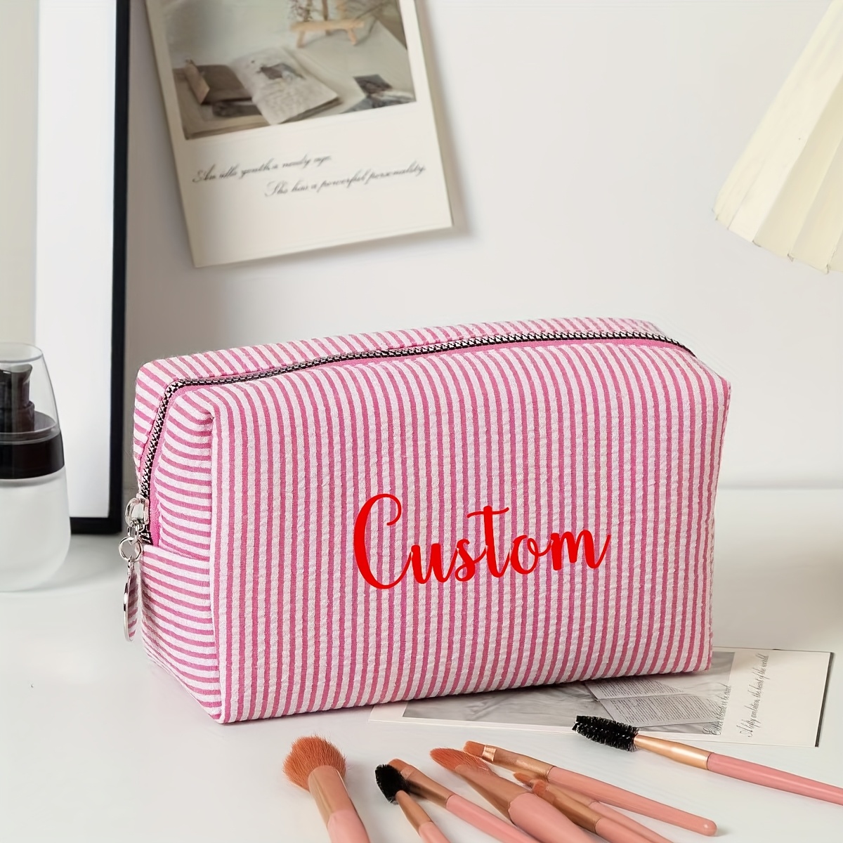 E-shop Personalisierte Brautjungfern Schminktasche, Seersucker Kosmetiktasche für Mädchen, Kosmetiktasche mit großem Fassungsvermögen, Brautjungfern