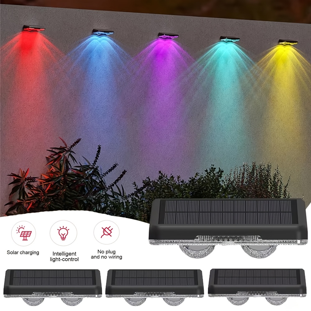 E-shop 4er-Pack Solar-Außenwandleuchten, 7 RGB Farbige & Warmweiße Lichtmodi, Solare Decklichter Treppenbelekung mit automatischer Nachtlichtfunktion