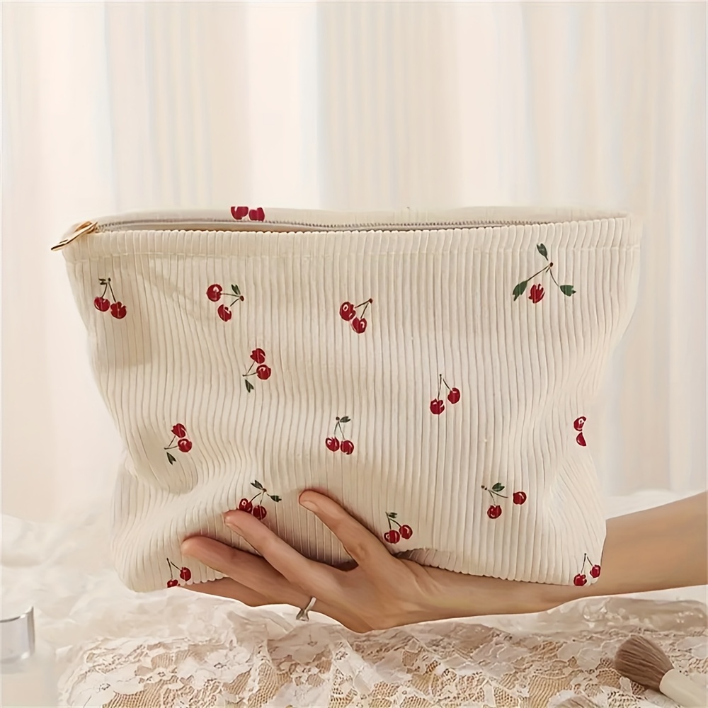 A Corduroy Fruit Cherry Print Zippered Storage Bag Lightweight Cosmetic Bag