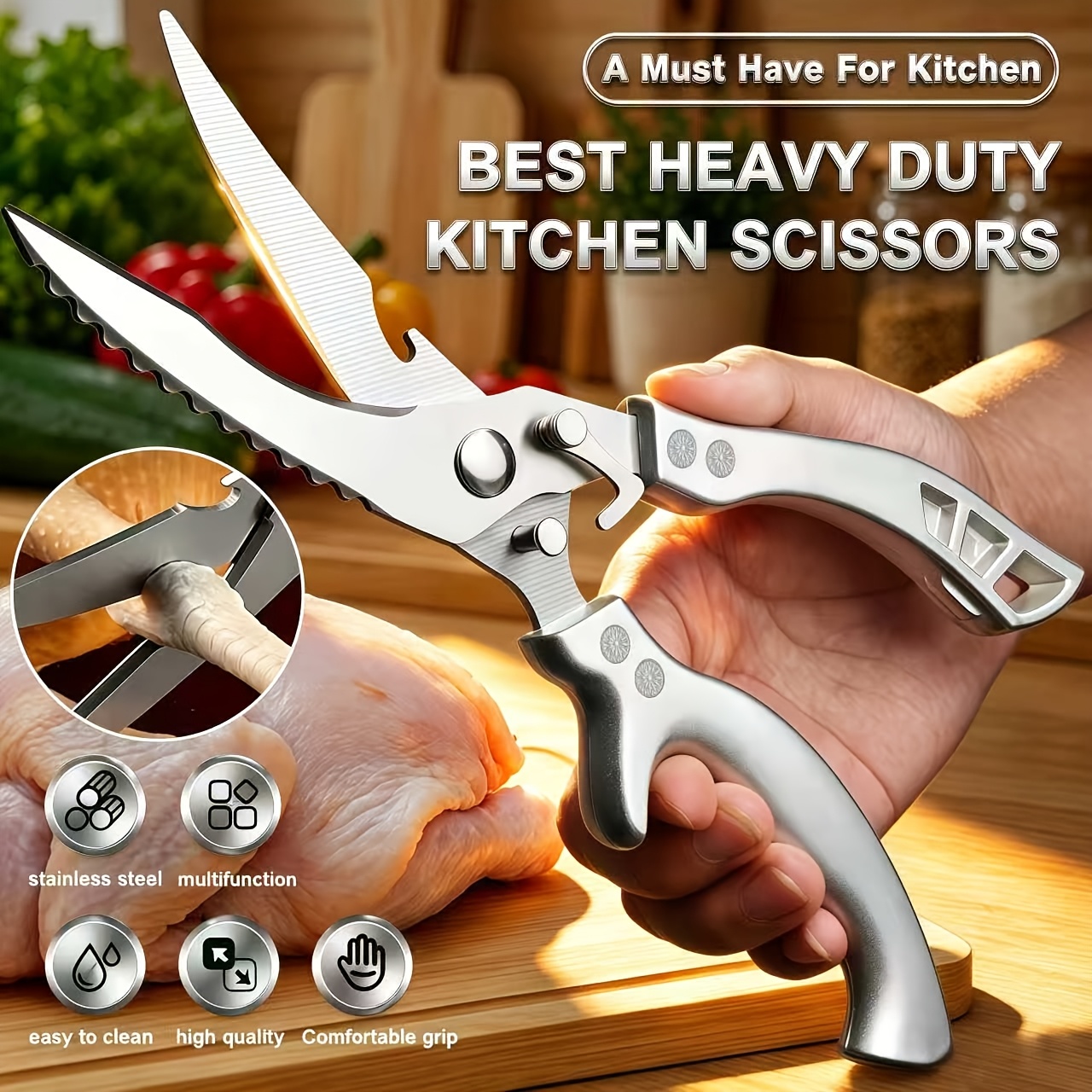 TEMU Heavy-duty Strong Stainless Steel Scissors, Sharp Cutting Chicken, Poultry, Seafood And Other Foods, Thickened Material, Labor-saving