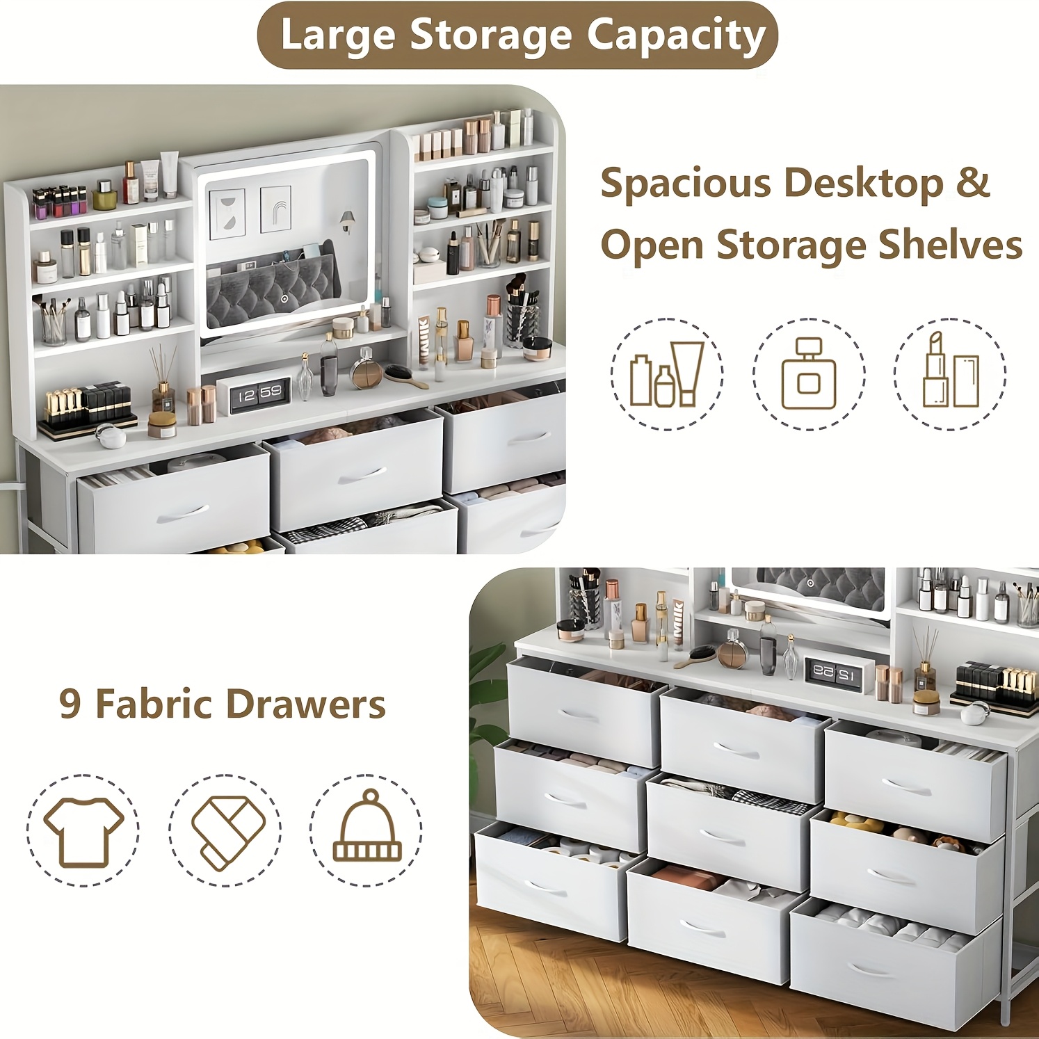 Makeup Vanity With Large Mirror, Vanity Desk With 9 Fabric Drawers & 8 Storage Shelves, Bedroom Dressing Table For Women, Girls, 3 Lighting Colors Adjustable, White