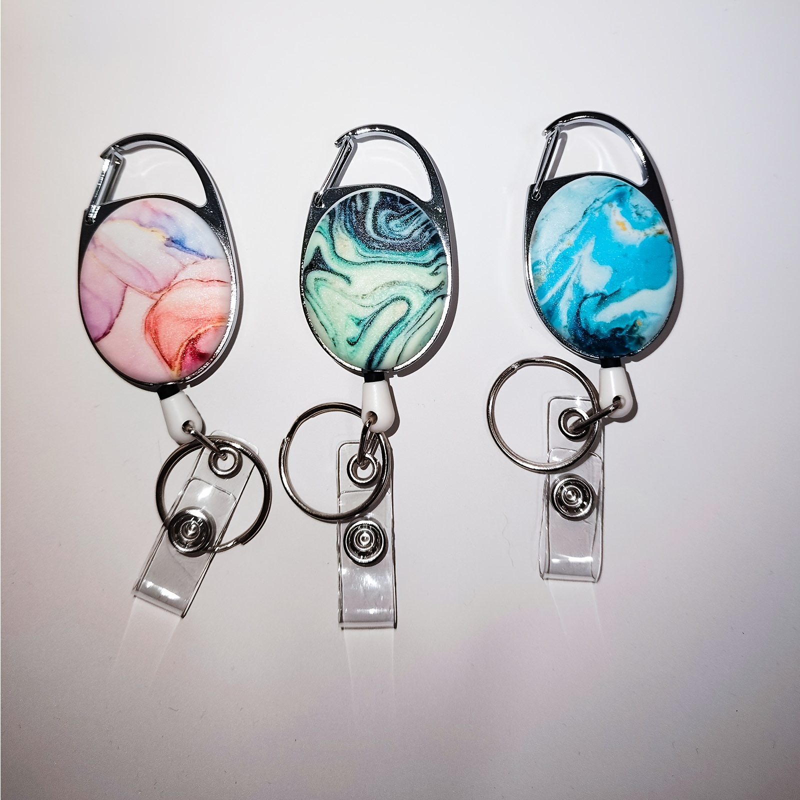 Image of 2d 3-pack Retractable Badge Holders With Keychain - Unique Marble Design, Durable 24-inch Nylon Cord, Name Badge Clip For Id Cards And Keys