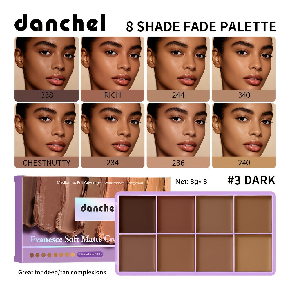 8 Shade Fade Palette, Soft Matte Cream Concealer, Blemish Spot Concealer, Under-Eye Highlighter, Contouring, and Full-Coverage Foundation, Medium to Full Coverage, Lightweight, Soft-Focus Matte Finish, Waterproof and Long-Lasting