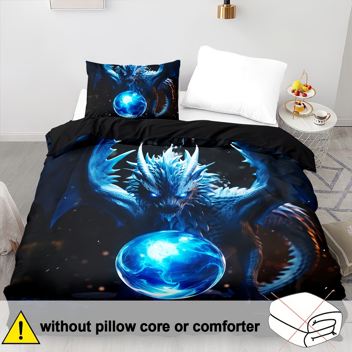 TEMU Fantasie-Bettwäsche-Set mit blauem Drachen: Bettwäsche mit antikem, wildem Drachenmuster, 3D-Drachen-Doppelbett-Set, westliches