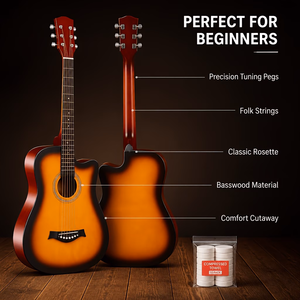 38 Inch Basswood Acoustic Guitar with Full Play Kit & Compressed...