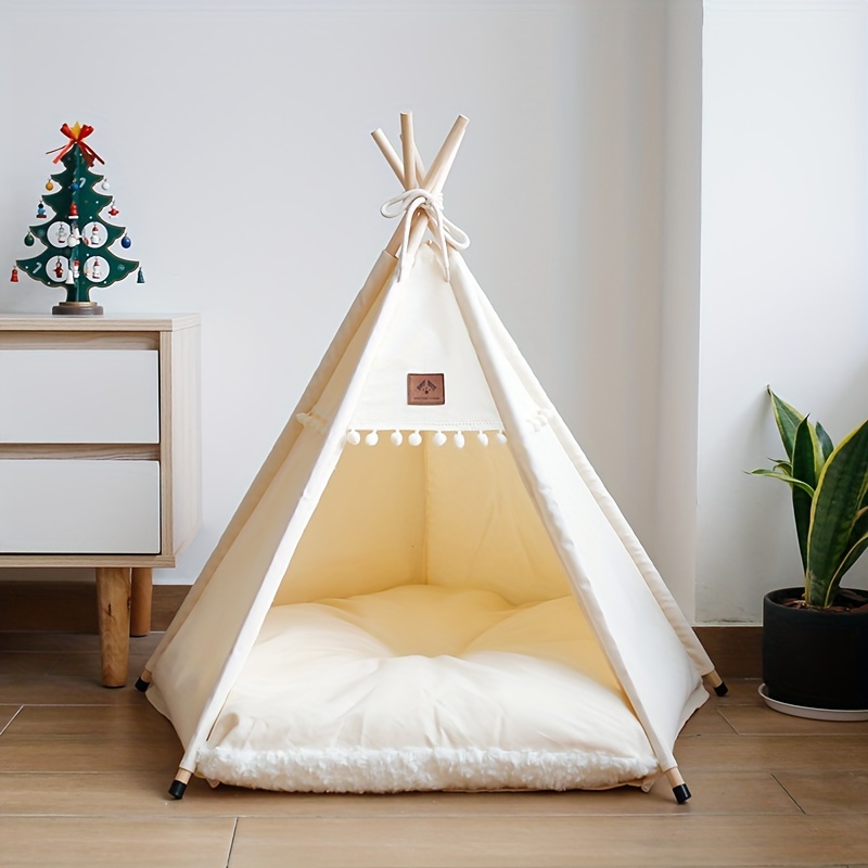 TEMU Linen Fabric Pet Teepee With Cushion - Stylish & Simple Upgrade Cat And Dog Tent Bed