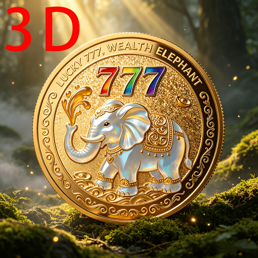 TEMU Elephant +777 Commemorative Coin | Holographic Elephant With Water-spraying Wealth-attracting Collectible Token, 777 Number Medal, Wealth And