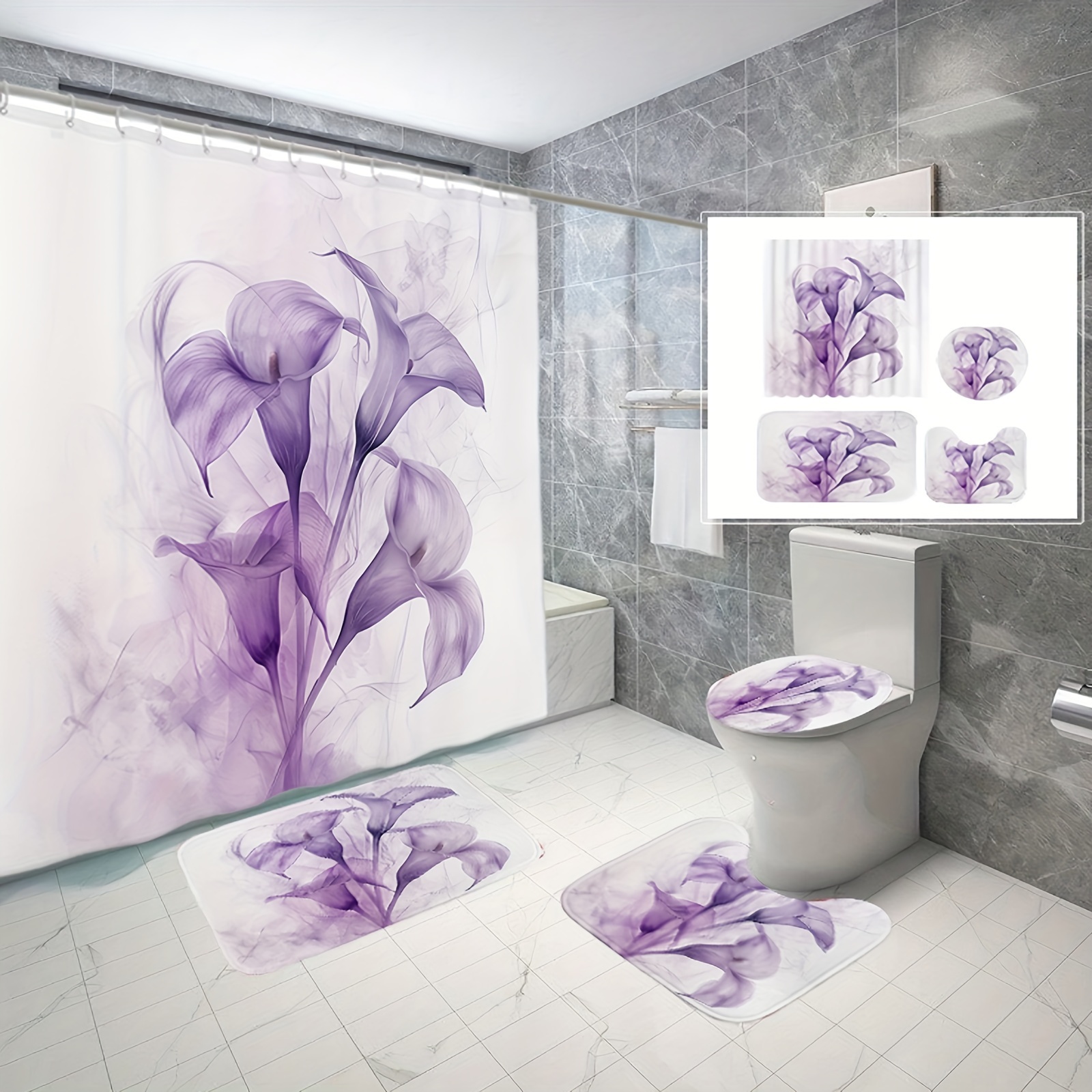 

1/3/4pcs Purple Flowers Original Style, Pattern Waterproof Polyester Fabric, Shower Curtains For Walk-in Showers, With 12 Hooks, Bathroom Non-slip Floor Mat, Toilet Cover Mat And U-shaped Mat