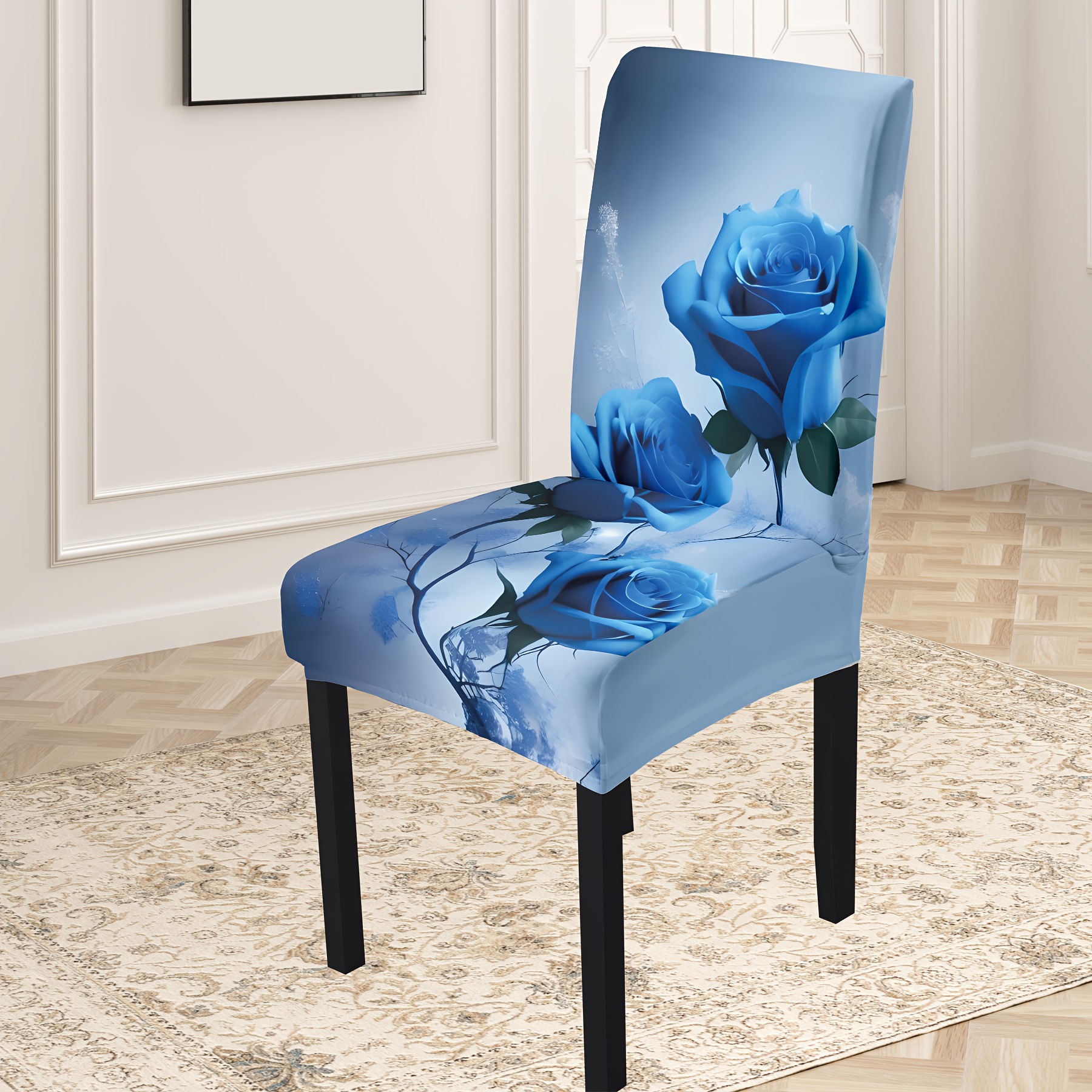 

4/6pcs Classic Design Chair Cover With Elastic Fabric, Blue Rose Print, Suitable For Kitchen, Living Room, Hotel, And Party Decor