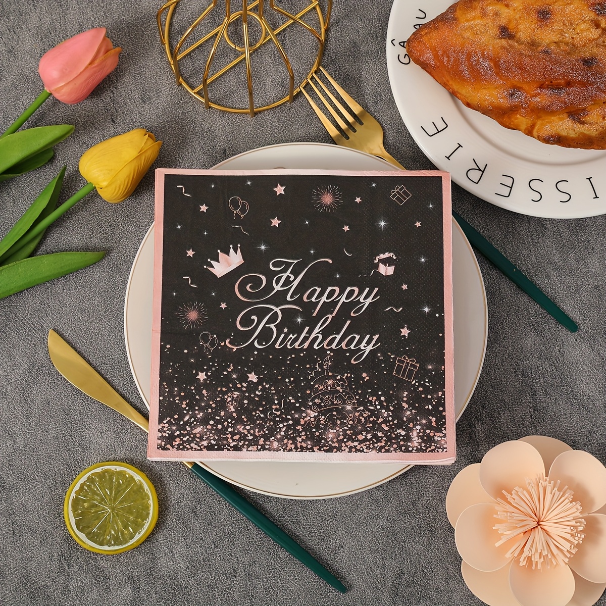 Image of 20pcs/40pcs/60pcs 2025 New Style "happy Birthday" Border Napkins, 13x13 Inches - Wedding Birthday Garden Party Decorative Tissues For Restaurant, Kitchen, Coffee Shop Decor Supplies