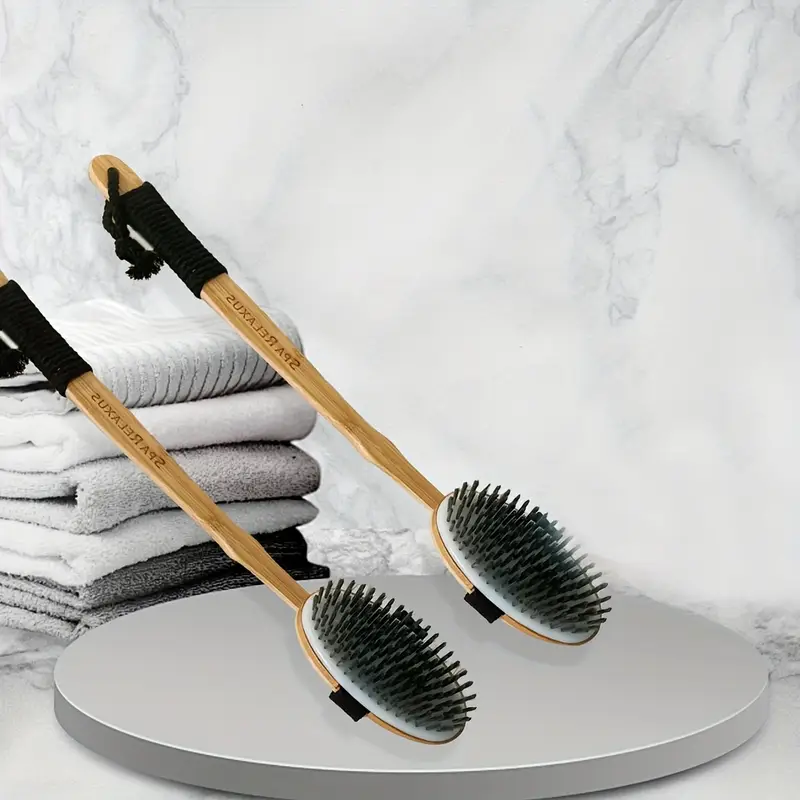 1 extra long curved handle lotus wood bristle round bath cleaning brush with lanyard design lazy family bathing magic Product details 0