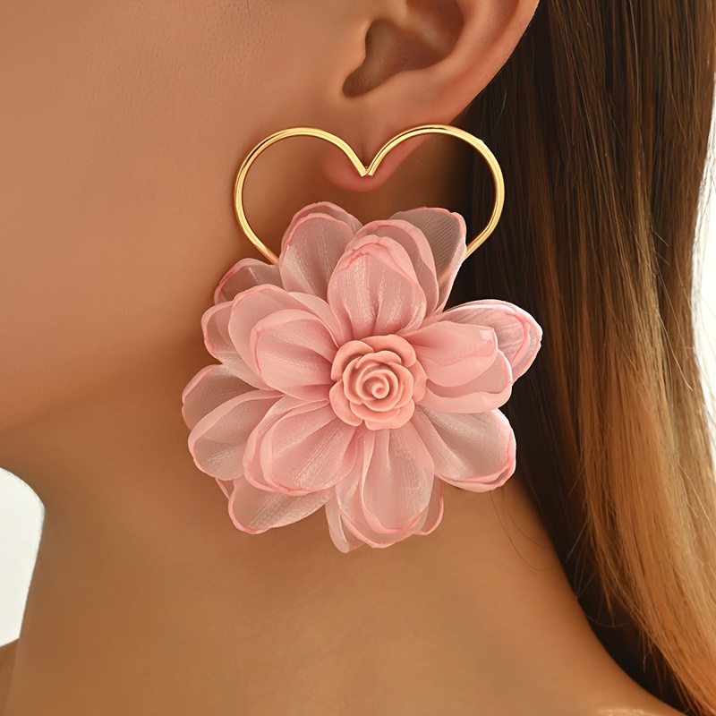 Pink Floral Heart Frame Earrings for Women