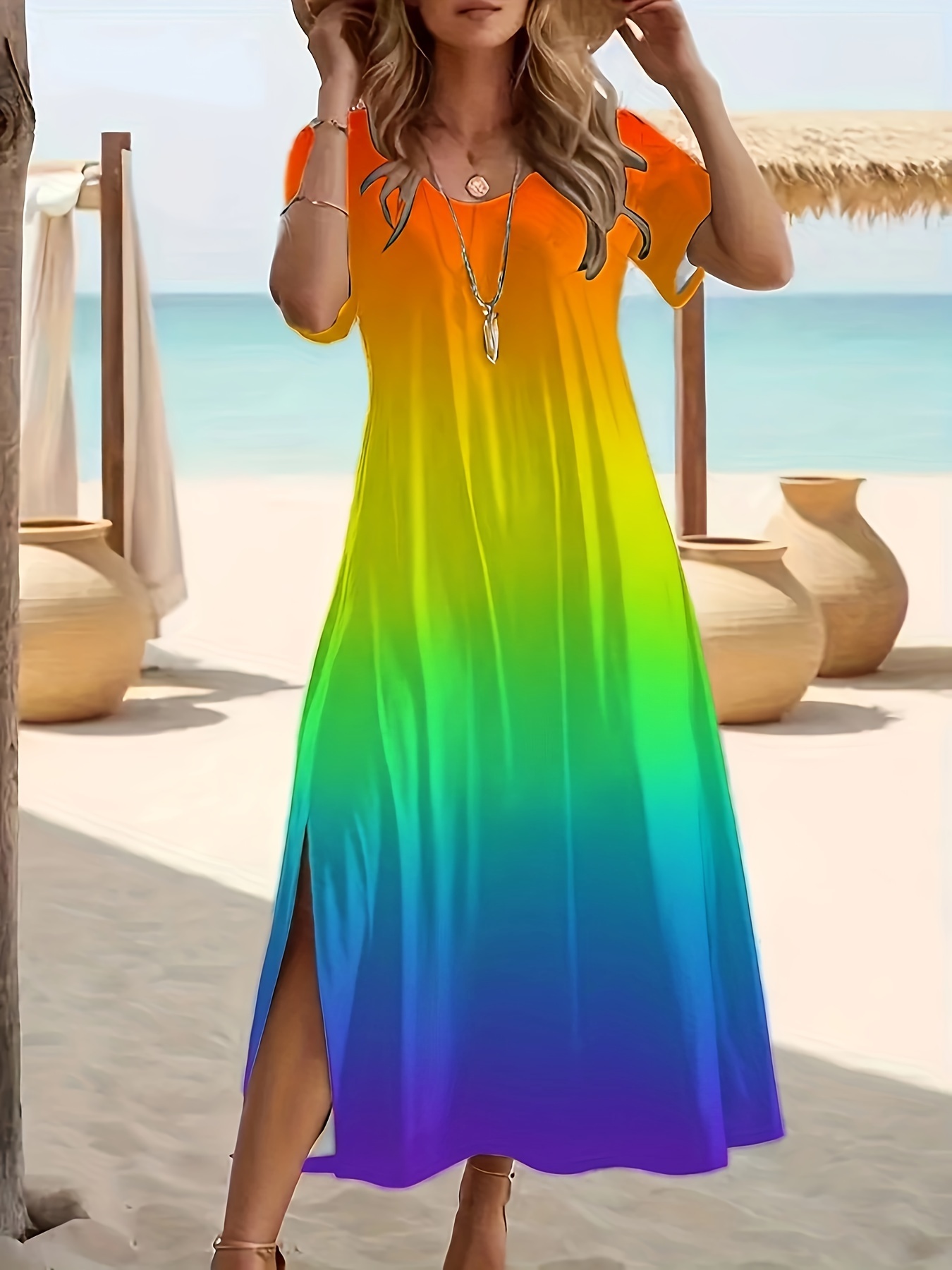 blue dress for baby girl Bohemian Rainbow Tiered Maxi Dress | Flowy Boho Style in Rainbow | Women's Boho Fashion | M main image 0