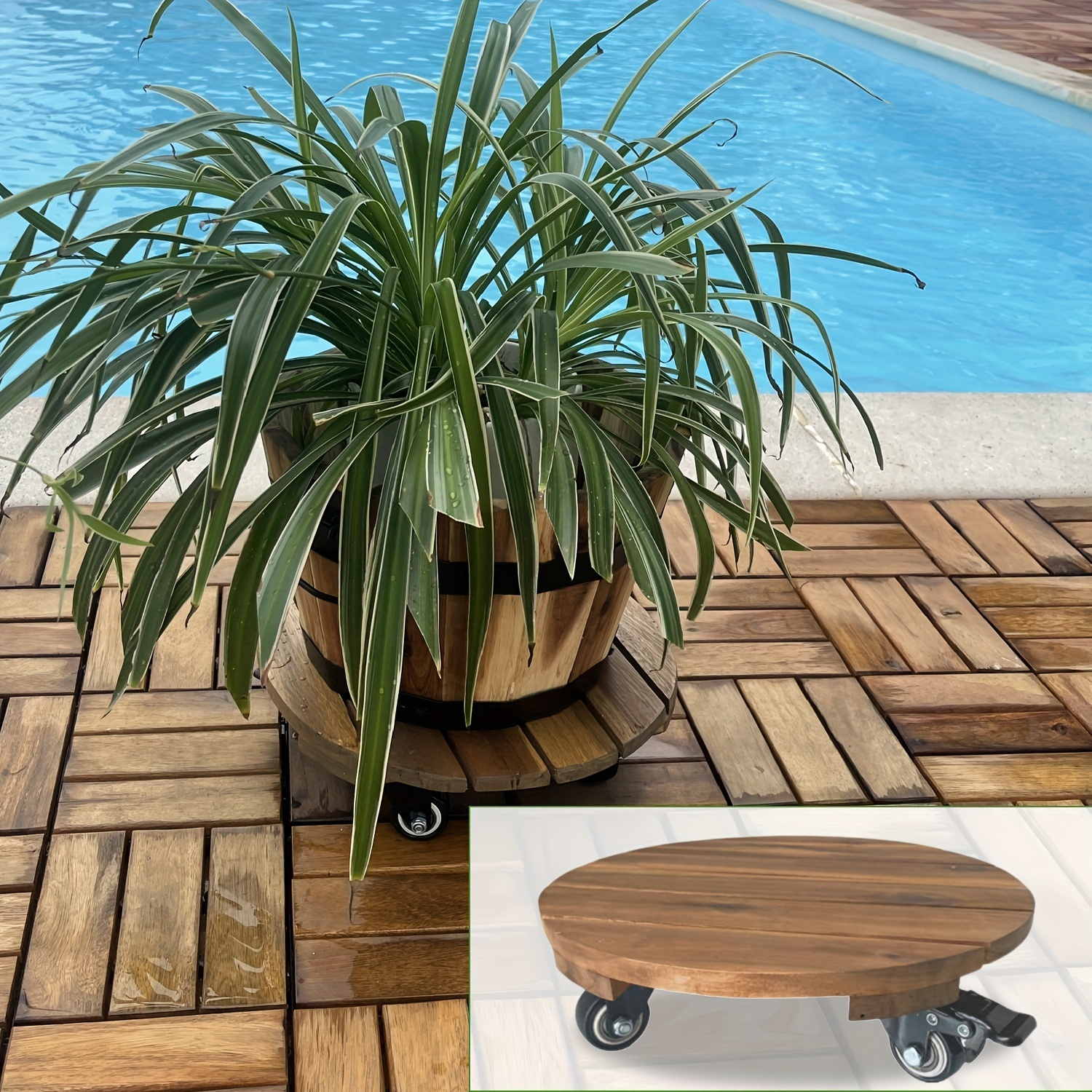 

12-inch Round Wooden Plant Cart With Smooth Rolling Wheels - Ideal For Indoor & Outdoor Use, Brown - Potted Plants On Deck Or Patio, Garden Cart